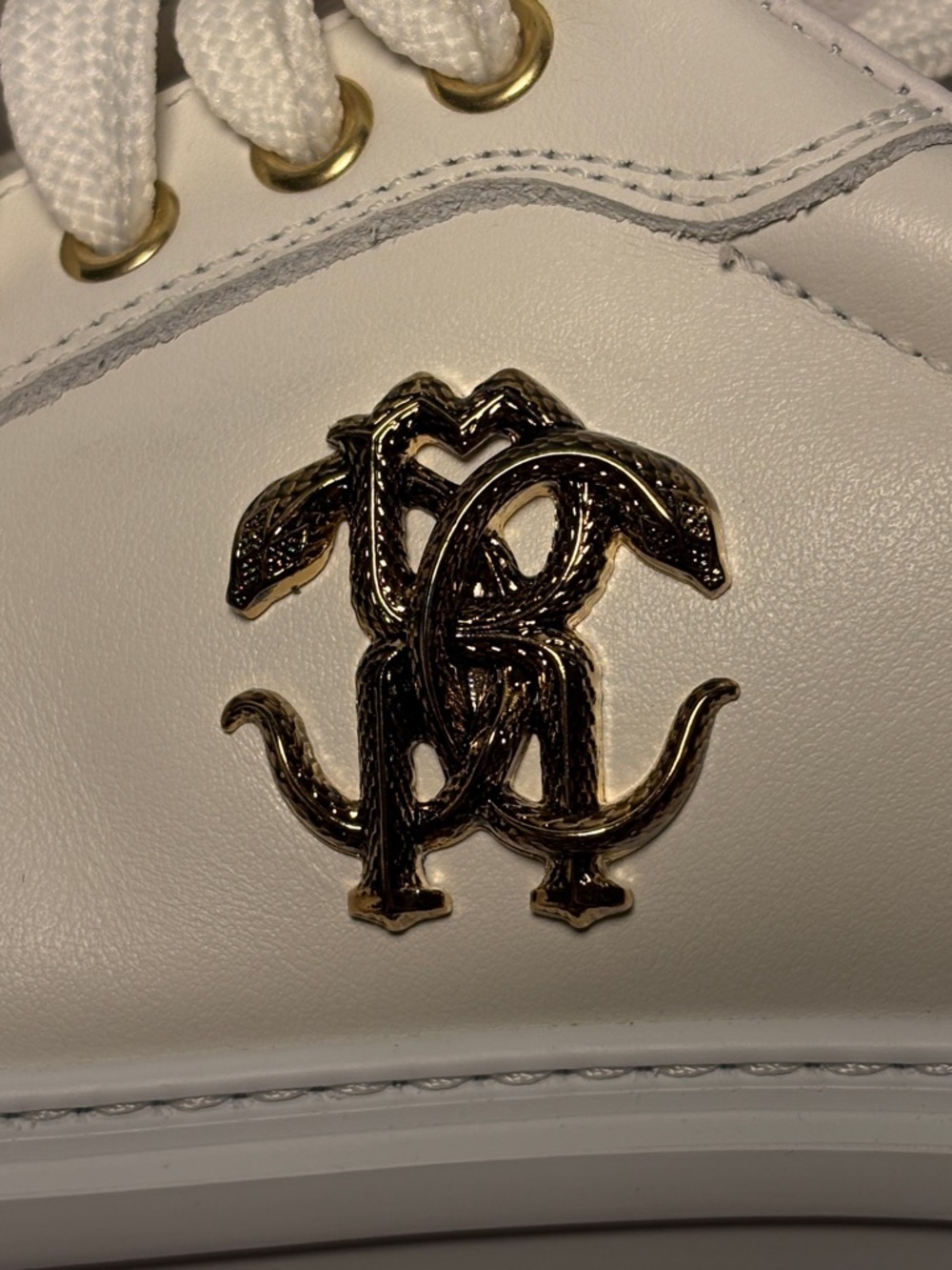 Roberto Cavalli White Leather Sneakers with Gold Snake-Logo Accent - Picture 5 of 8